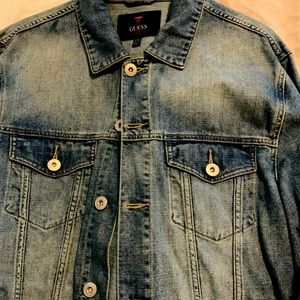 Mens Guess Denim jacket with detachable gray hood